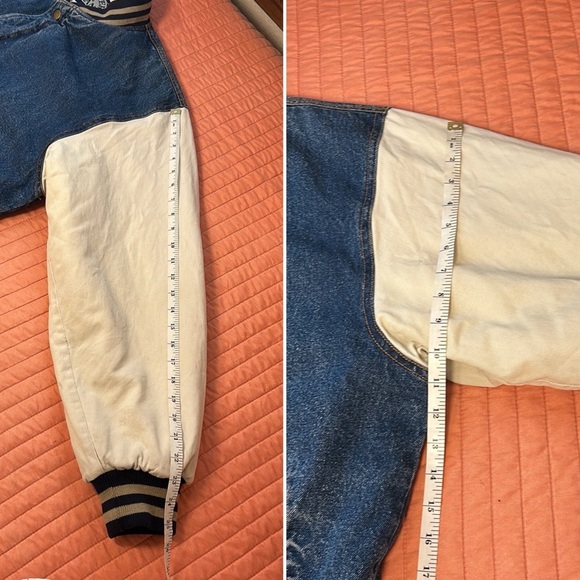 Vintage Denim Trucker Varsity Bomber Jacket Puff Quilted lining Mens Large - Picture 15 of 16
